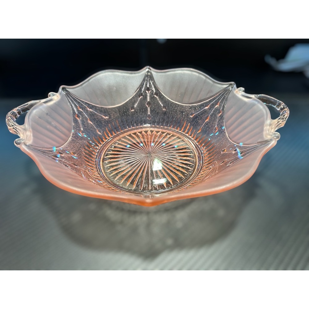 1930s Pink Depression Glass Bowl, Lancaster Dart Double Handle 9" Serving Bowl